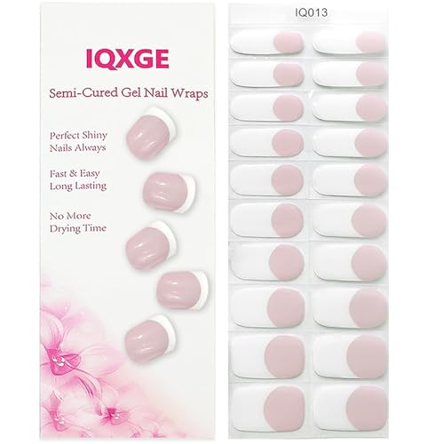 IQXGE Semi Cured Gel Nail Strips, Long Lasting Gel Nail Stickers with UV Light Needed, 20 Waterproof Full Wraps for Women with 1 File, 1 Wood Stick&2 Prep Pad-White French