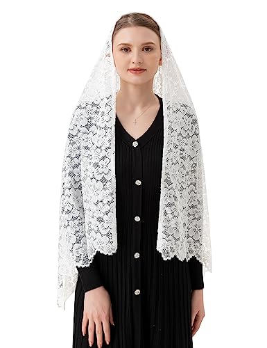 PAMOR Women Rectangular Chapel Veil Scarf Catholic Church Veils Mantilla Wrap Shawl Mass Head Covering (White) - Thumbnail 4