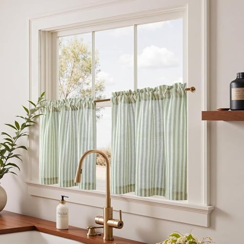 TOPICK Rideaux de Cuisine Court Brise Bise Placard à Rayures 65L X 60H cm, Rideau en Effet Lin Rayé Vert et Beige Translucide à Passe-Tringle, Décoration...
