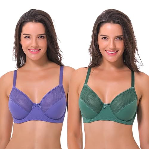 Curve Muse - Sujetador de Figura Completa con Aros y minimizador sin Forro para Mujer Talla Grande-Paquete De 2-Púrpura, Verde-125F