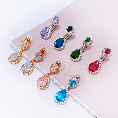 Lavina Fancy Teardrop Cz Clip On Dangle Earring Classic And Elegant Hypoallergenic Earrings For Women Brides Wedding (Blue) #TOP6