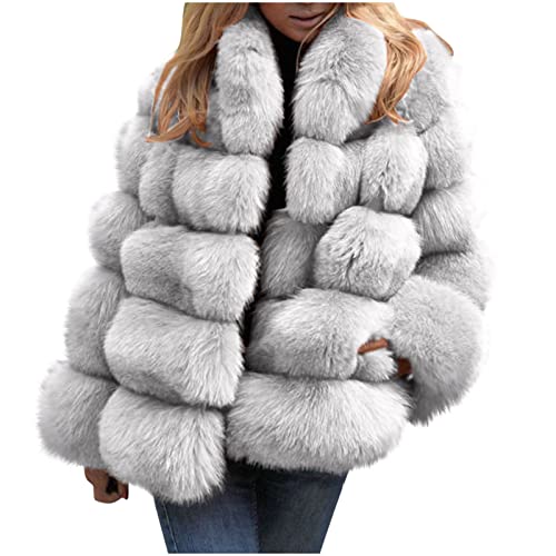 Jsarle Cropped Faux Fur Coats For Women Winter Warm Fluffy Faux Fur Fleece Shacket Jacket Warm Thick Quilted Parka Coat White #TOP26