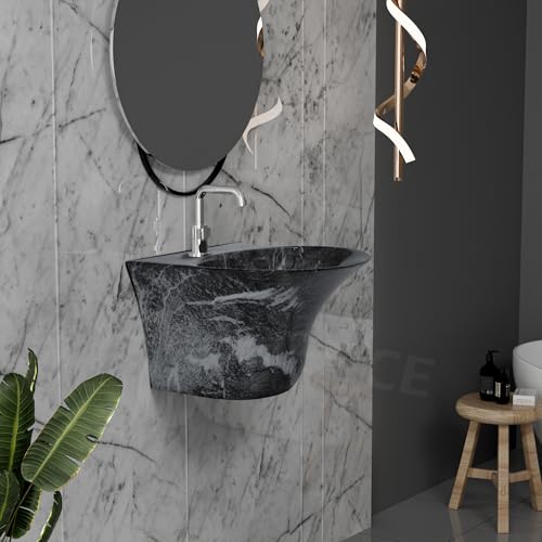 Image of REMANENCE Luxury Wall Mount Half Pedestal Wash Basin for Bathroom | Designer Wall Hung Basin | Wall Mounted Washbasin for Resturent, Hotels (16 x 16 x 11 Inch) (Black White Jelly)
