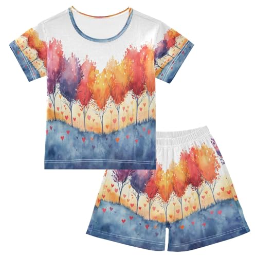 senya Short Sleeve Pajamas Sets Summer Cotton Sleepwear Trees with Colorful Leaves