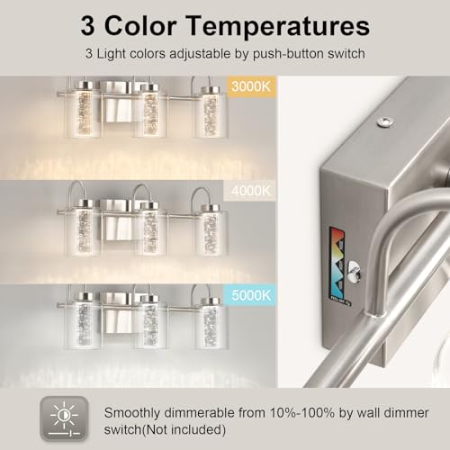 Image of Litake Bathroom Light Fixtures, 3 Light Brushed Nickel Bathroom Vanity Light Over Mirror with Crystal Bubble and Clear Glass Dimmable 3 Color Temperatures for Hallway Kitchen Bedroom Living Room