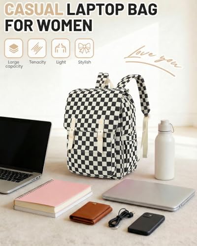 Image of Corduroy Laptop Backpack for Women, Fits 15.6 Inch Computer Bag, College High School Bookbag Travel Daypack Purse, Work Business Bags - Corduroy Checkered Black