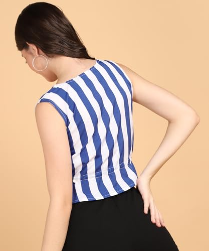 Image of POPWINGS Women Casual Bue & White Stripe Printed Crop Top