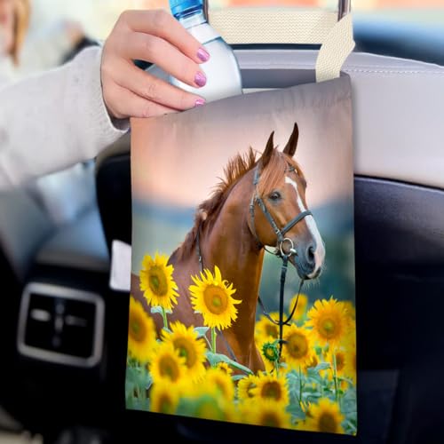 Image of Car Trash Bag Hanging No Snap Small Garbage Bag for Car Back Seat Cute Printed One-handed Strap Trash Bags Car Accessories-Horse Sunflower Car Trash Bags