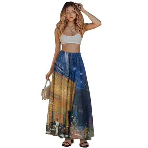 Oil Painting Printed Women's Long Maxi Skirt Elegant Pleated High Waisted A-Link Long Maxi Skirt for Party, Work