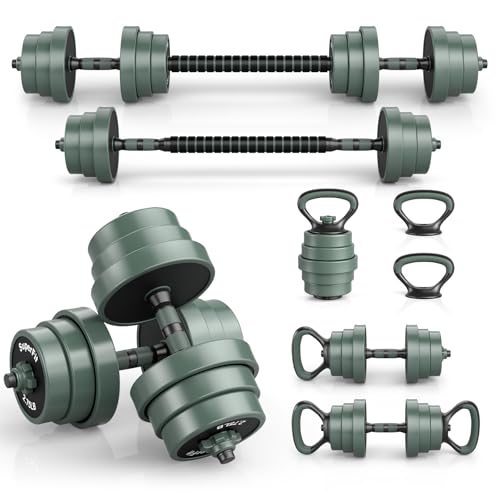 KOMFOTTEU Verstellbare Hanteln 4 in 1 Set, Gewichte Gym Home inkl. Handgriffe, Langhantel, Kettlebells, Liegestütze, Hantelset für Büro, Krafttraining, Fitness, Schwarz + Grün