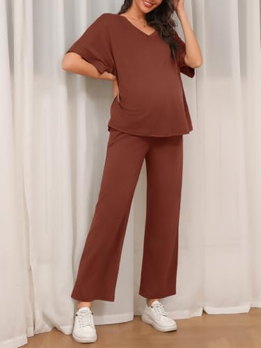 Tankaneo Womens Maternity Pajamas 2 Piece Lounge Set Soft Short Sleeve V Neck T-shirt Cropped Pants Pregnancy Loungewear, Coffee, X-Large — view 5