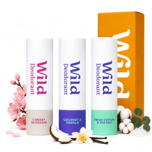 Wild Pack of 3 Mini Deodorants in Fresh Cotton & Sea Salt Coconut & Vanilla and Cherry Blossom - Trial Size Great for Holiday & Travel - Aluminium & Plastic Free - Long Lasting Protection