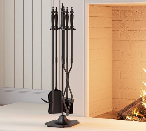 CALIDOLA 5-Piece Fireplace Tools Set 32.5In Cast Iron Indoor & Outdoor Fireside Accessories Includes Stand, Shovel, Brush, Tong, and Poker - Thumbnail 2