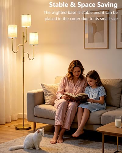 Image of Lightdot 63IN Gold Floor Lamp Dimmable 3-Lights LED Floor Lamps with Cylinder Fabric Shade& Warm White Bulb for Wedding /Party 3-Arm Standing Tall Lamp for Living Room /Bedroom /Sofa Beside /Corner Decor