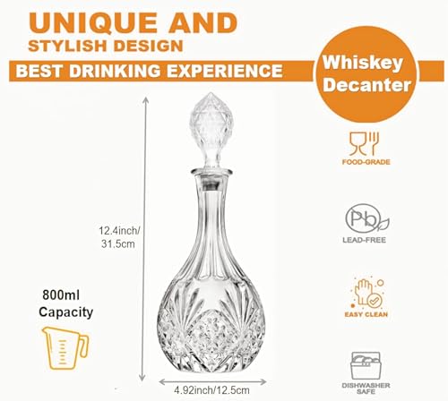 Image of Vilon Whiskey Decanter with Glass Stopper, Crystal Glass Liquor Decanter for Alcohol, Wine, Scotch, Brandy, Vodka or Bourbon decanters | 850 ML | Clear (DRB Decanter)