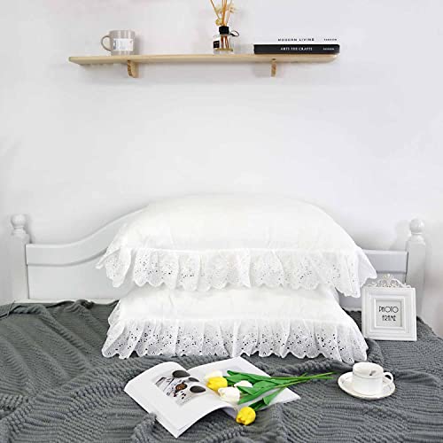 Tealp Decorative White Shams With Eyelet Ruffles Rustic Farmhouse Lace Shabby Soft Breathable Bridal Pure White Set Of 2, White Cotton Queen Size 20X30 Shams #TOP6