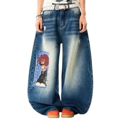 Baggy Jeans Men Graphic Acubi Y2k Baggy Cartoon Barrel Jeans Loose Fit Emo Washed Wide Leg Denim Barrel Pants