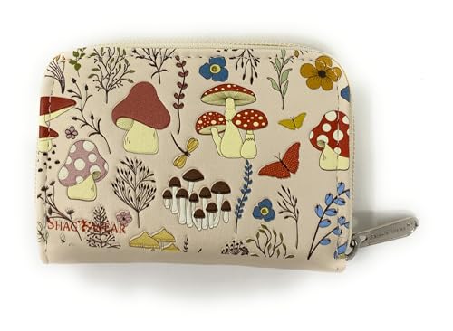 Shag Wear Mushroom Forest Small Coin Purse Pouch For Women Vegan Faux Leather Beige