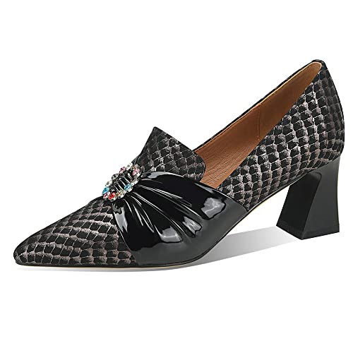 TinaCus Women's Pointed Toe Genuine Leather Handmade Mid Chunky Heels Graceful Pumps Shoes