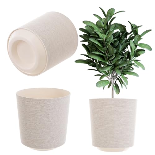 KADAX Dekorativer Übertopf, Runder Pflanztopf, Blumentopf aus Kunststoff, Pflanzentopf für Anbau von Pflanzen, Kräutertopf für Innen und Außenbereich (Cremefarbig, 25cm)