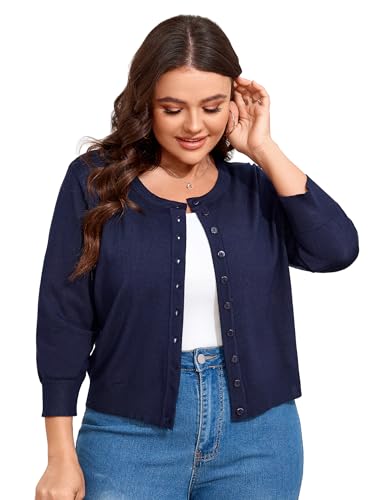 ShopWonder Women Plus Size Cardigan 3/4 Sleeve Crew Neck Bolero Button Down Sweaters Open Front Knit Bolero Shrugs