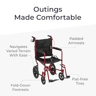 Drive Medical Lightweight Expedition Folding Transport Wheelchair - Ultra Lightweight Mobility Support for Seniors & Adults - Strong Aluminum Frame - Hand Brakes - Compact Folding Travel Chair - Red