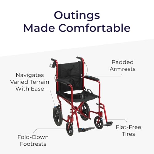 Drive Medical Lightweight Expedition Folding Transport Wheelchair - Ultra Lightweight Mobility Support for Seniors & Adults - Strong Aluminum Frame - Hand Brakes - Compact Folding Travel Chair - Red by Drive Medical - Image 4