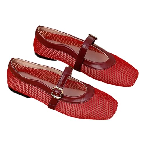 Close Square Toe Mesh Ballet Flats for Women Comfortable Buckle Strap Mary Janes Flats Shoes for Office Dressy Wedding Party