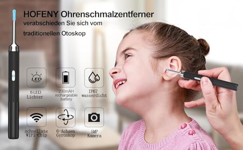 Ohrenschmalz Entferner Otoskop, HOFENY 5MP HD Ohrenreiniger mit 360° Weitwinkel-Ohr-Endoskop, WiFi Ohrenreiniger Kamera mit 6 LEDs, Ohr Endoskop Ohren Reinigung Ohrspiegel für Android/IOS/Harmony