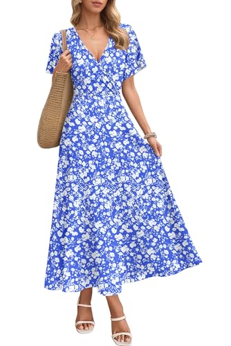 AUSELILY Boho Kleid Damen Lang Bodenlang Hohe Taille Lässiges Lockeres Sommerkleid mit Taschen Blaue Blumen XL 1