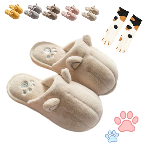 Cat Paw Slippers, Non-slip Plush Fuzzy House Shoes with Cute Paw Prints, 3D Cartoon Cat Paw Slippers for Women
