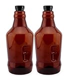 Cornucopia 64-Ounce Plastic Amber Growler Jugs (2-Pack); Half Gallon Plastic Bottles with Polycone Phenolic Caps for Beer, Kombucha, Carbonated Beverages and More