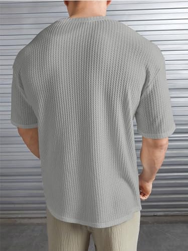 Image of Jump Cuts Mens Round Neck 3 /4th Sleeve Dark Grey Solid Waffle Polyester Oversized Fit T-Shirt