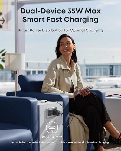 Image of Anker Nano USB C Charger Block, 35W Max 2-Port Compact Charger with Durable Built-in Anker InstaCord Retractable Cable, with iPhone 17 /16 /15 Series, iPad, and More(Black,Non-Battery)