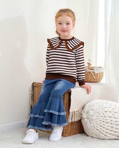 Baby Toddler Girl Clothes Winter Outfits, Little Girls Clothing Peter Pan Collar Sweatshirt Flared Denim Pants Jeans4