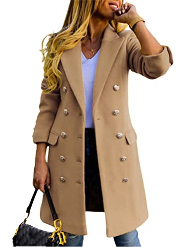 IDEALSANXUN Gabardina de lana para mujer con doble botonadura midi para otoño e invierno, Camello, XS