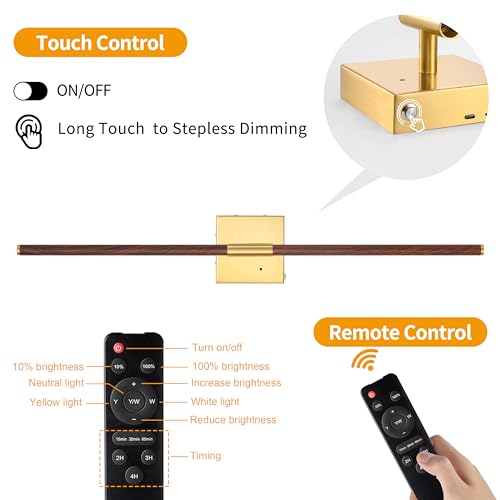 Image of Morauroral Walnut Gold Battery Operated Wall Sconce with Remote Control, Rechargeable Wall Sconces Set of 2, LED Wireless Wall Light, Modern Sconce Wall Decor for Bedroom, Living Room