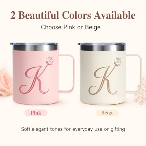 12oz Insulated Coffee Mug with Handle and Lid, Stainless Steel Spill Proof Travel Mugs, Personalized Monogrammed A-Z Floral Double Wall Tumbler for Home Office, Gifts for Women Mom Wife Her (K) - Image 5