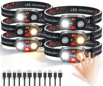 Headlamp Rechargeable 6-Pack, 4000 Lumen Ultra-Light Bright LED Headlight with White, Yellow, Red Light, 5 Modes, Waterproof, Motion Sensor for Outdoor Camping, Running, Hiking, Fishing
