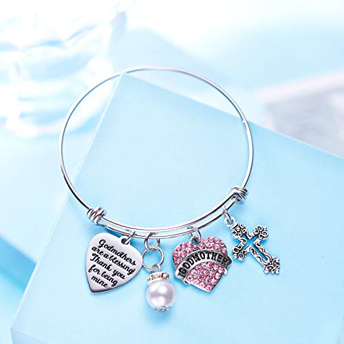 LParkin Godmother Proposal Gift Bracelet - Adjustable Stainless Steel Baptism Jewelry with Rhinestone Cross | Engraved Godmothers Are a Blessing Message | Gift from Godchild3