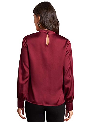 Verdusa Women's Elegant Mock Neck Long Sleeve Satin Blouse Top Burgundy S
