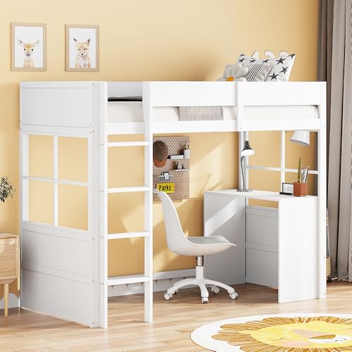 Dolamaní Hochbett mit Schreibtisch 90x200 cm, Kinderbett mit Leiter, Lattenrost aus Holz, Sicherheit Rausfallschutz Design (Weiß)