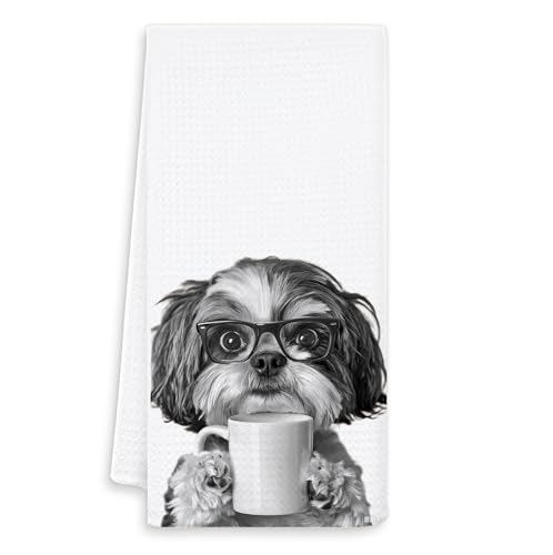 OSLYSOF Funny Coffee Shih Tzu Kitchen Towels, Shih Tzu Gifts for Women Dish Tea Towel for Kitchen Coffee Bar Station Decor, Dog Lovers Mom Gifts Hand Towels, 16x24 Inch