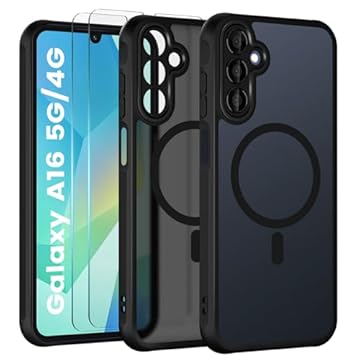 Yohii Cover Magnetica per Samsung Galaxy A16 5G/4G e Protezione Fotocamera con 2 Pezzi Vetro Temperato, [Compatibile con MagSafe] Custodia Traslucida Opaca Posteriore Antiurto Protettiva Case, Nero