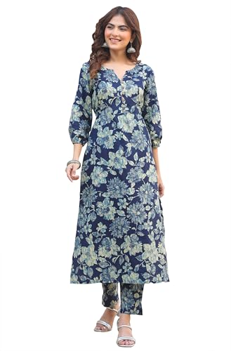 Image of Janasya Women's Pure Cotton Floral Printed Straight Kurta Pant Set