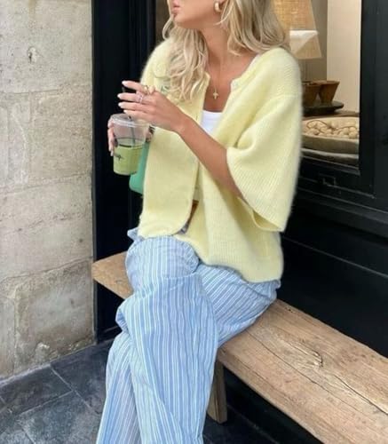 Women Short Sleeve Button Down Cropped Cardigan Sweater T-Shirts Y2k Girls Knit Pullover Crop Tops Fall Clothes4