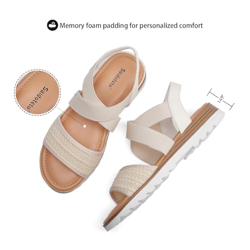 Saidoteto Women's Wide Width Flat Sandals,Comfortable Elastic Ankle Strap Slingback Slip-On Open Toe Low Wedge Walking Sandals for Summer & Casual3