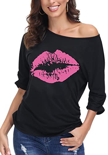 DOTIN Damen T-Shirt 80er Jahre Sexy Lippen Drucken One-Shoulder-Shirt Kurzarm Sommer Oberteil Casual Bluse Tops Schwarz L