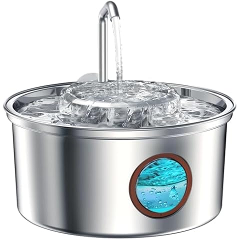 Kenida Cat Water Fountain Stainless Steel - 3.2L/108oz Cat Fountain and Removeable Suction Cat Bowls, Kitty Fountain with Multi-Filter, Water Level Window, Pet Fountain for Cats and Dogs Cover