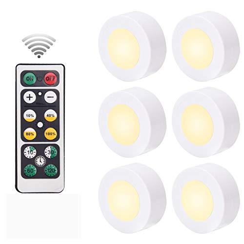 AMINAC Night Light LED Puck Lights with Remote Control, Wireless Battery Operated Under Cabinet Lighting with Timing (Warm White, 6 Pack)
